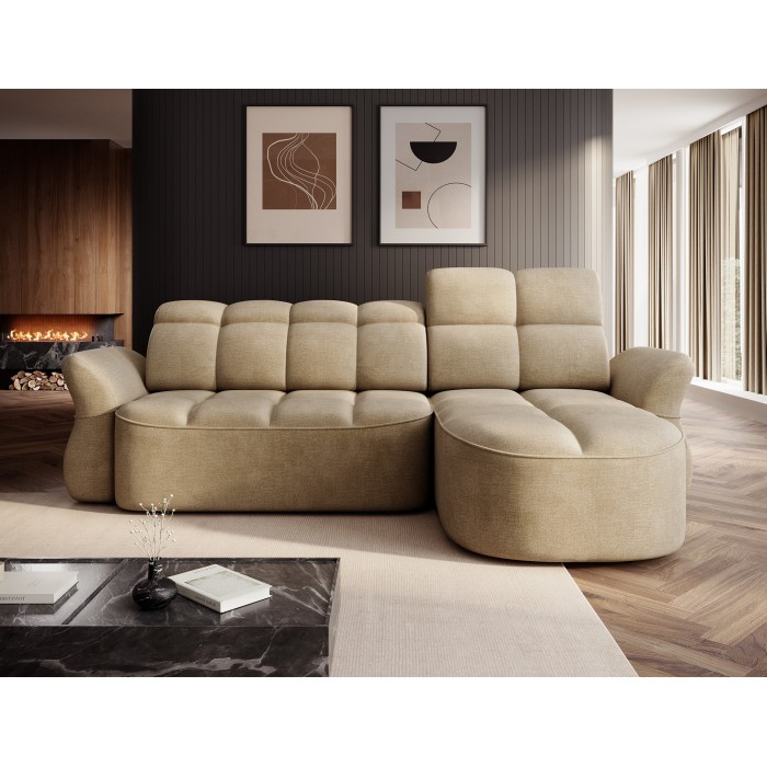 Canapé d’angle droit convertible BENETHO 301 cm beige foncé avec coffre et assise extensible 