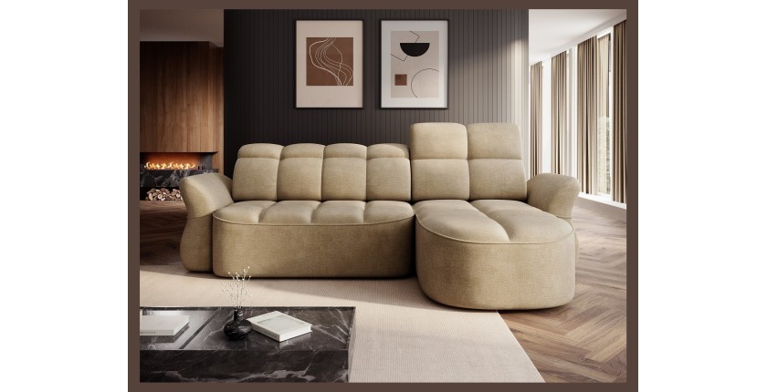 Canapé d’angle droit convertible BENETHO 301 cm beige foncé avec coffre et assise extensible 