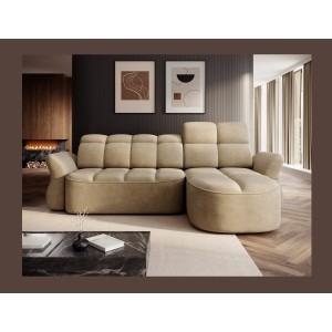 Canapé d’angle droit convertible BENETHO 301 cm beige foncé avec coffre et assise extensible 