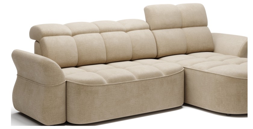 Canapé d’angle droit convertible BENETHO 301 cm beige foncé avec coffre et assise extensible 