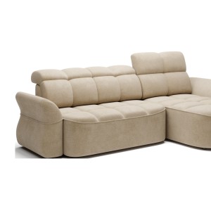 Canapé d’angle droit convertible BENETHO 301 cm beige foncé avec coffre et assise extensible 