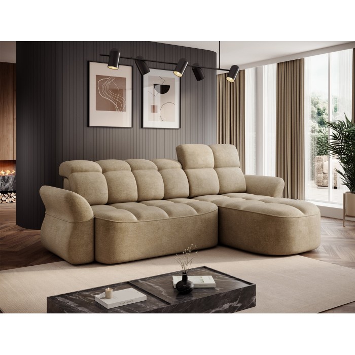 Canapé d’angle droit convertible BENETHO 301 cm beige foncé avec coffre et assise extensible 