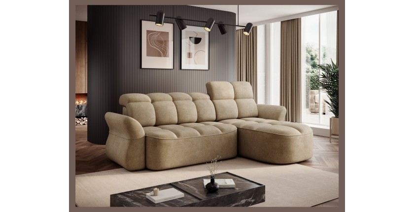 Canapé d’angle droit convertible BENETHO 301 cm beige foncé avec coffre et assise extensible 