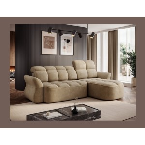 Canapé d’angle droit convertible BENETHO 301 cm beige foncé avec coffre et assise extensible 