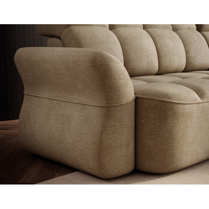 Canapé d’angle droit convertible BENETHO 301 cm beige foncé avec coffre et assise extensible 