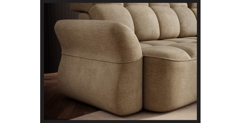 Canapé d’angle droit convertible BENETHO 301 cm beige foncé avec coffre et assise extensible 