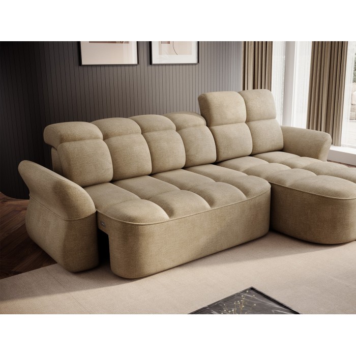 Canapé d’angle droit convertible BENETHO 301 cm beige foncé avec coffre et assise extensible 