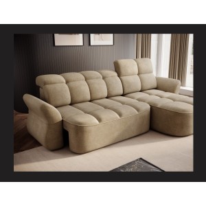 Canapé d’angle droit convertible BENETHO 301 cm beige foncé avec coffre et assise extensible 