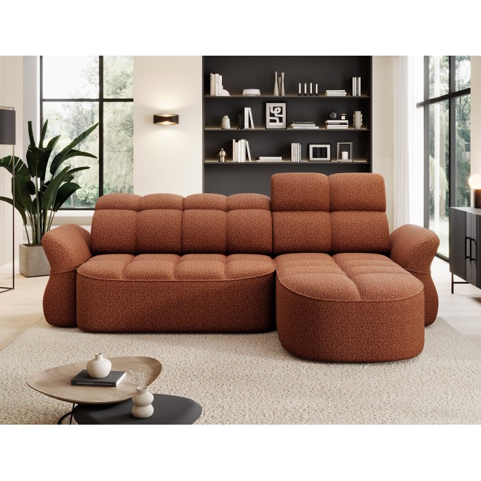 Canapé d’angle droit convertible BENETHO 301 cm terracotta avec coffre et assise extensible 