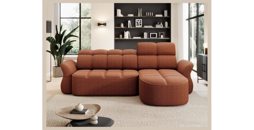 Canapé d’angle droit convertible BENETHO 301 cm terracotta avec coffre et assise extensible 