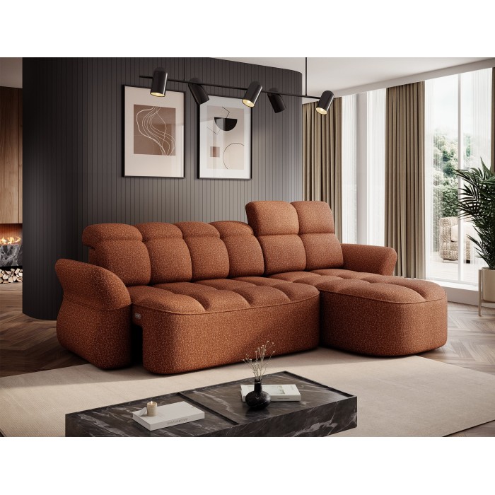 Canapé d’angle droit convertible BENETHO 301 cm terracotta avec coffre et assise extensible 