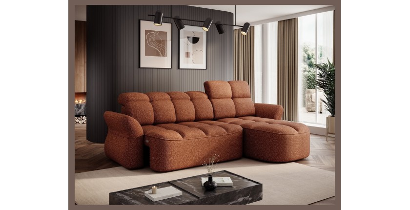 Canapé d’angle droit convertible BENETHO 301 cm terracotta avec coffre et assise extensible 