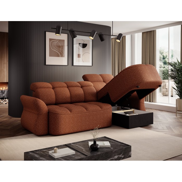 Canapé d’angle droit convertible BENETHO 301 cm terracotta avec coffre et assise extensible 