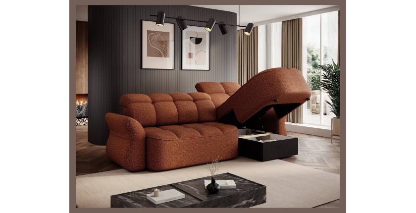 Canapé d’angle droit convertible BENETHO 301 cm terracotta avec coffre et assise extensible 