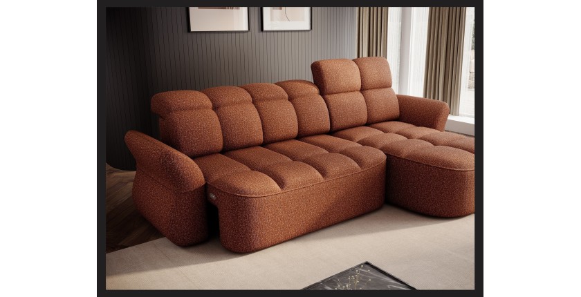 Canapé d’angle droit convertible BENETHO 301 cm terracotta avec coffre et assise extensible 