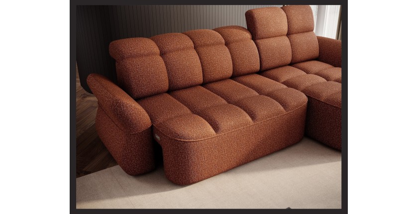 Canapé d’angle droit convertible BENETHO 301 cm terracotta avec coffre et assise extensible 