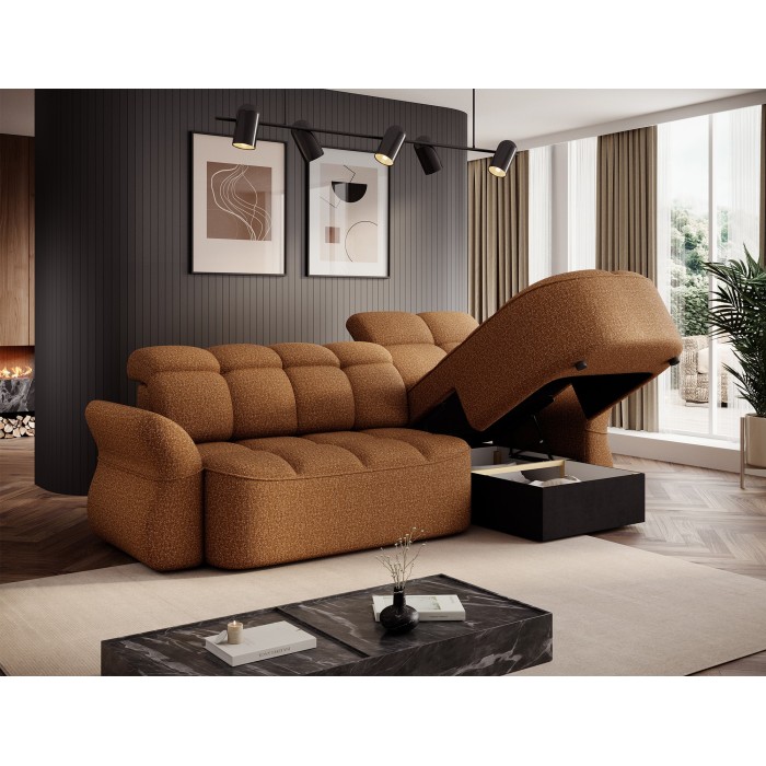 Canapé d’angle droit convertible BENETHO 301 cm jaune orangé avec coffre et assise extensible 