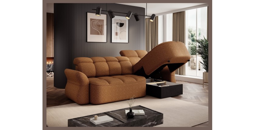 Canapé d’angle droit convertible BENETHO 301 cm jaune orangé avec coffre et assise extensible 
