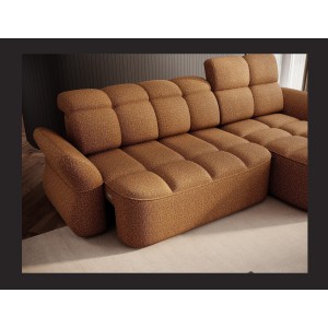 Canapé d’angle droit convertible BENETHO 301 cm jaune orangé avec coffre et assise extensible 
