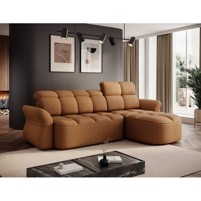 Canapé d’angle droit convertible BENETHO 301 cm jaune orangé avec coffre et assise extensible 