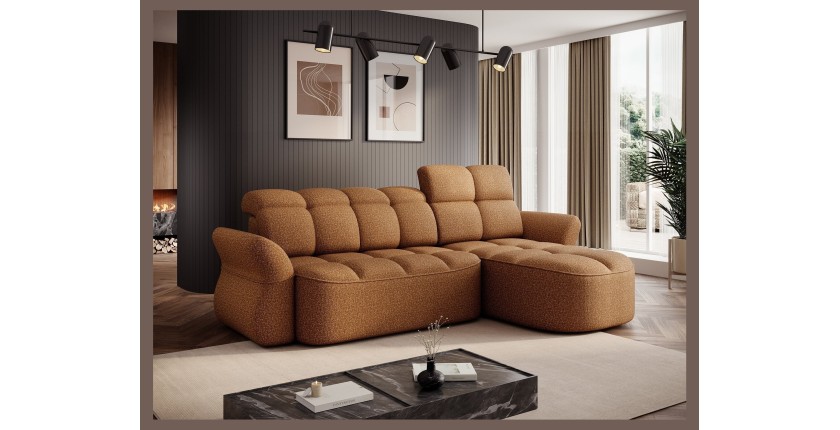 Canapé d’angle droit convertible BENETHO 301 cm jaune orangé avec coffre et assise extensible 