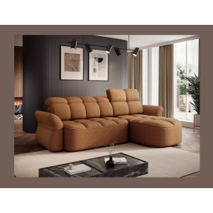 Canapé d’angle droit convertible BENETHO 301 cm jaune orangé avec coffre et assise extensible 