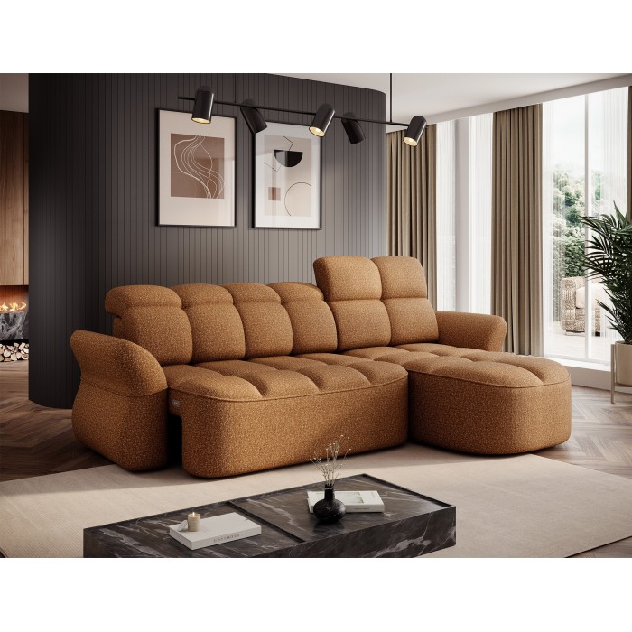 Canapé d’angle droit convertible BENETHO 301 cm jaune orangé avec coffre et assise extensible 