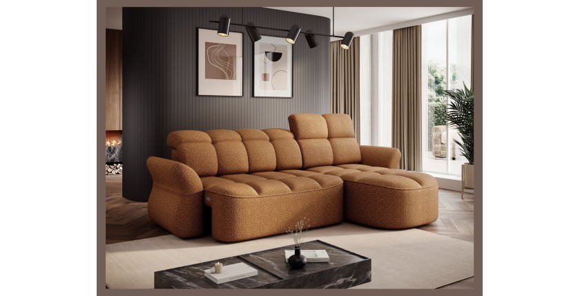 Canapé d’angle droit convertible BENETHO 301 cm jaune orangé avec coffre et assise extensible 