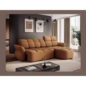 Canapé d’angle droit convertible BENETHO 301 cm jaune orangé avec coffre et assise extensible 