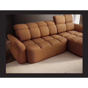 Canapé d’angle droit convertible BENETHO 301 cm jaune orangé avec coffre et assise extensible 