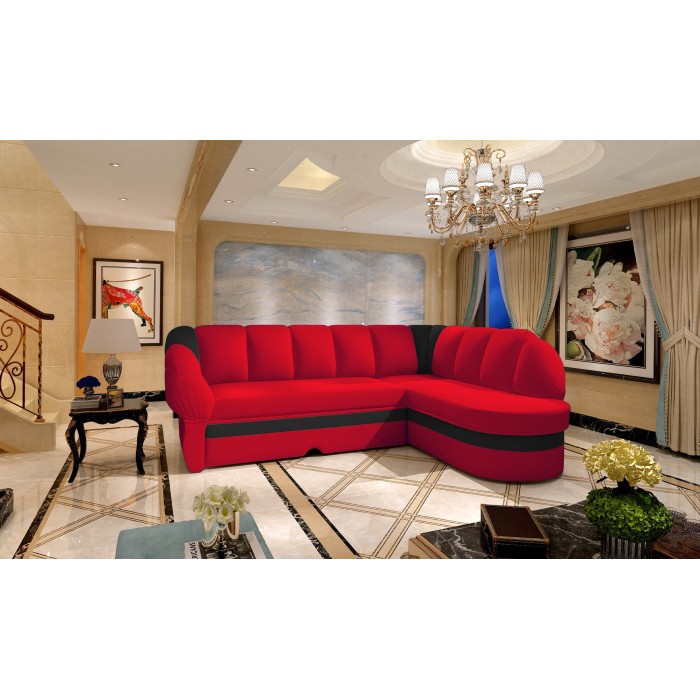 Canapé d’angle droit convertible BENANA 250 cm rouge et noir avec coffre de rangement 