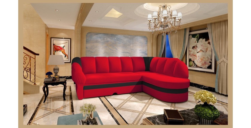 Canapé d’angle droit convertible BENANA 250 cm rouge et noir avec coffre de rangement 