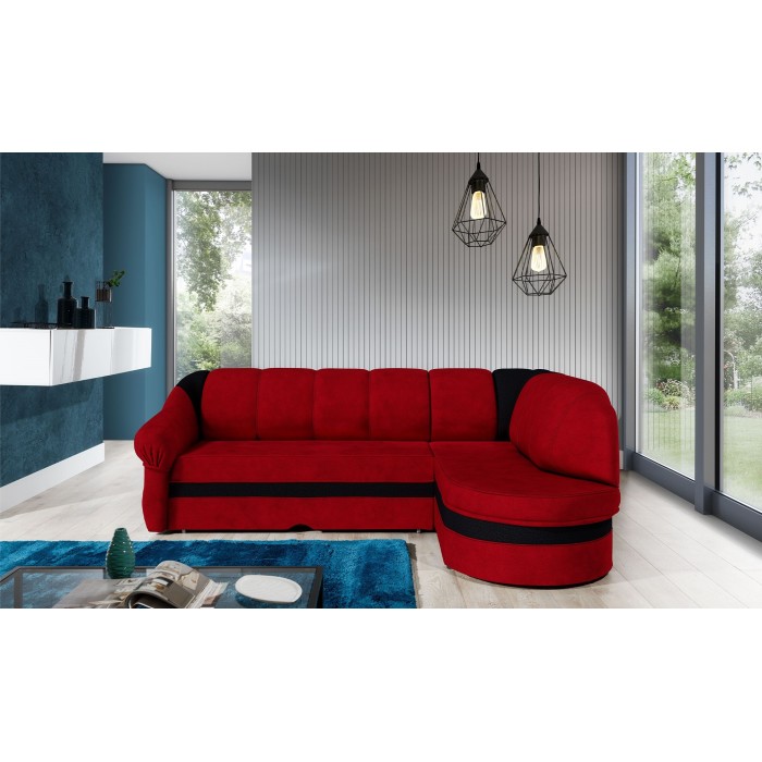 Canapé d’angle droit convertible BENANA 250 cm rouge et noir avec coffre de rangement 
