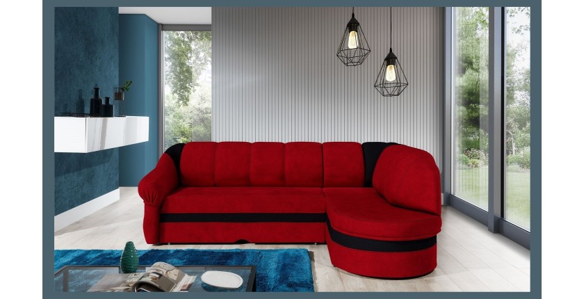Canapé d’angle droit convertible BENANA 250 cm rouge et noir avec coffre de rangement 