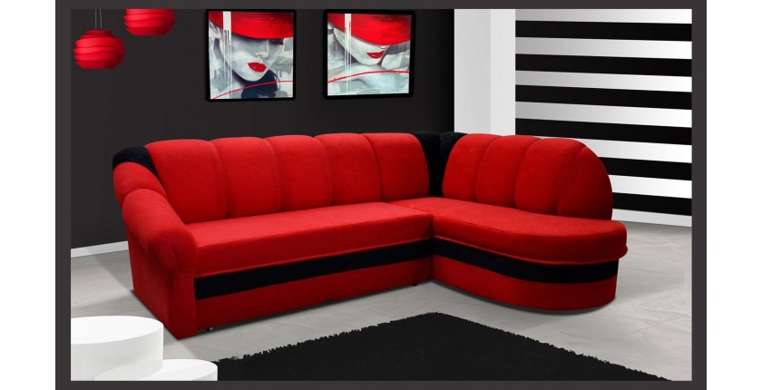 Canapé d’angle droit convertible BENANA 250 cm rouge et noir avec coffre de rangement 