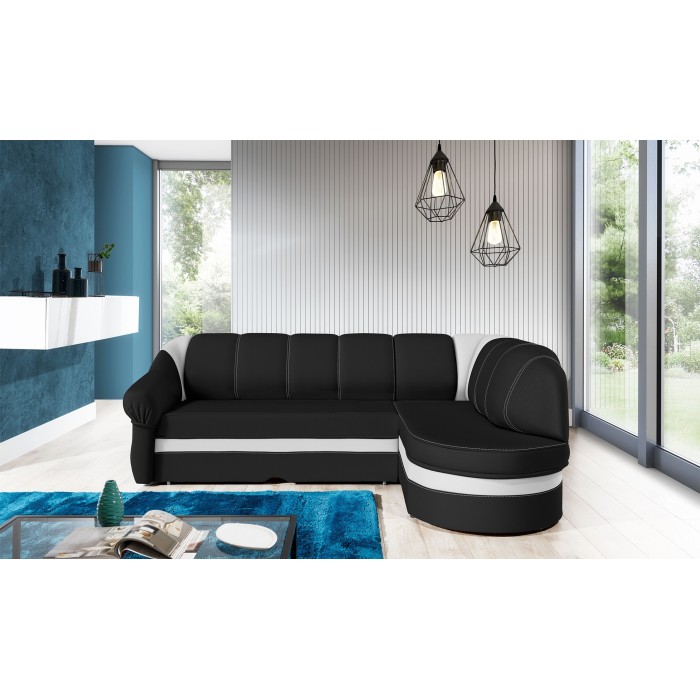 Canapé d’angle droit convertible BENANA 250 cm noir et blanc avec coffre de rangement 