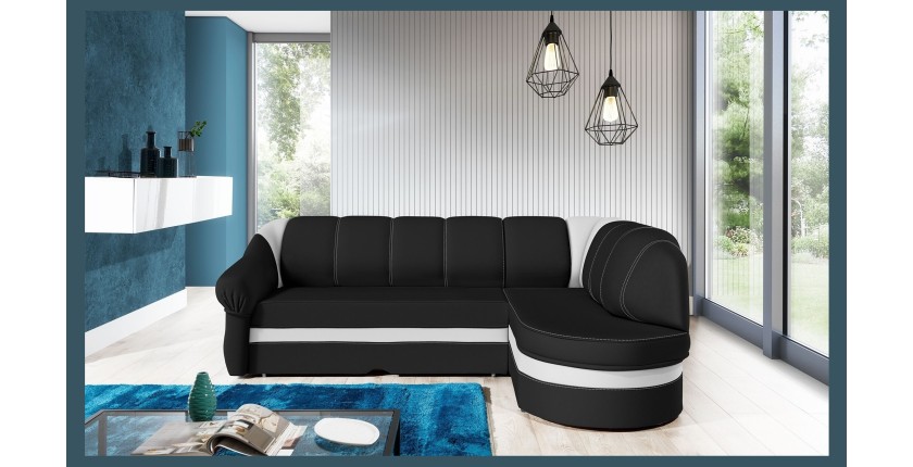 Canapé d’angle droit convertible BENANA 250 cm noir et blanc avec coffre de rangement 