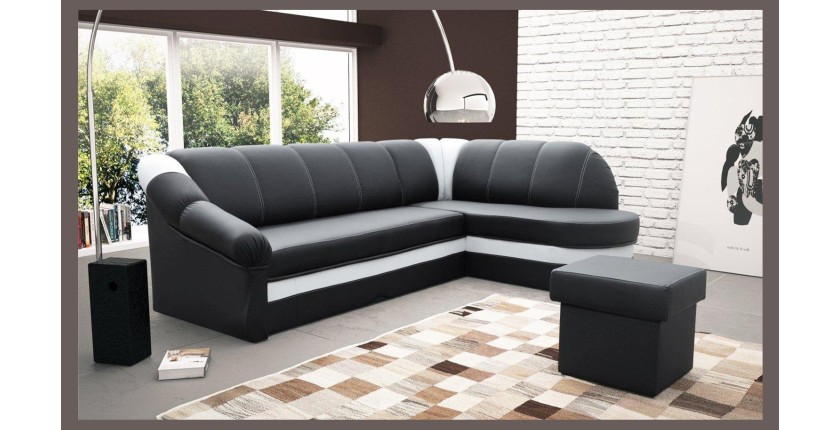 Canapé d’angle droit convertible BENANA 250 cm noir et blanc avec coffre de rangement 