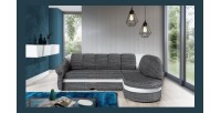Canapé d’angle droit convertible BENANA 250 cm gris et blanc avec coffre de rangement 