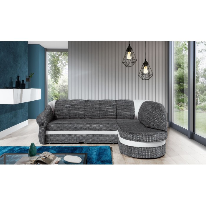 Canapé d’angle droit convertible BENANA 250 cm gris et blanc avec coffre de rangement 
