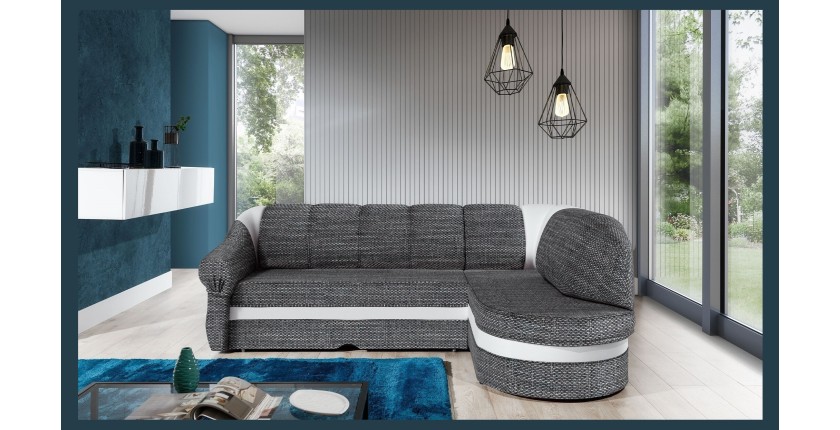 Canapé d’angle droit convertible BENANA 250 cm gris et blanc avec coffre de rangement 