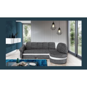 Canapé d’angle droit convertible BENANA 250 cm gris et blanc avec coffre de rangement 