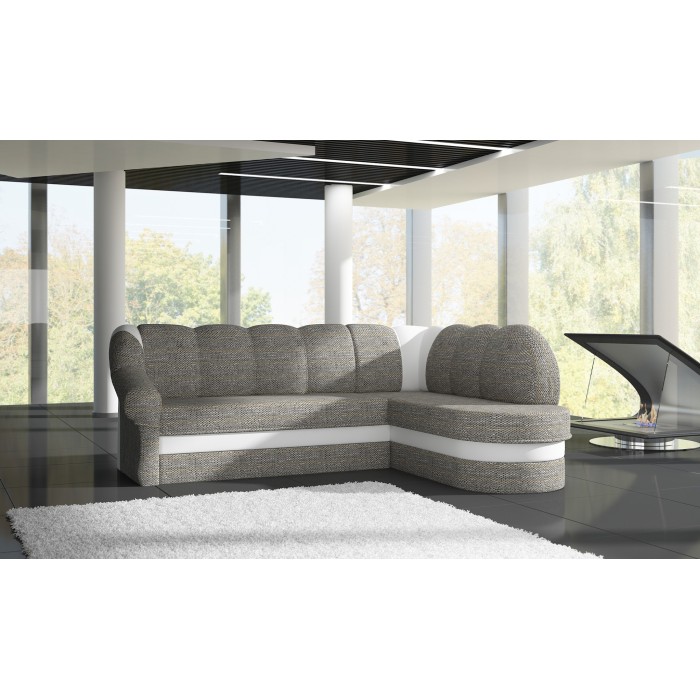 Canapé d’angle droit convertible BENANA 250 cm gris et blanc avec coffre de rangement 