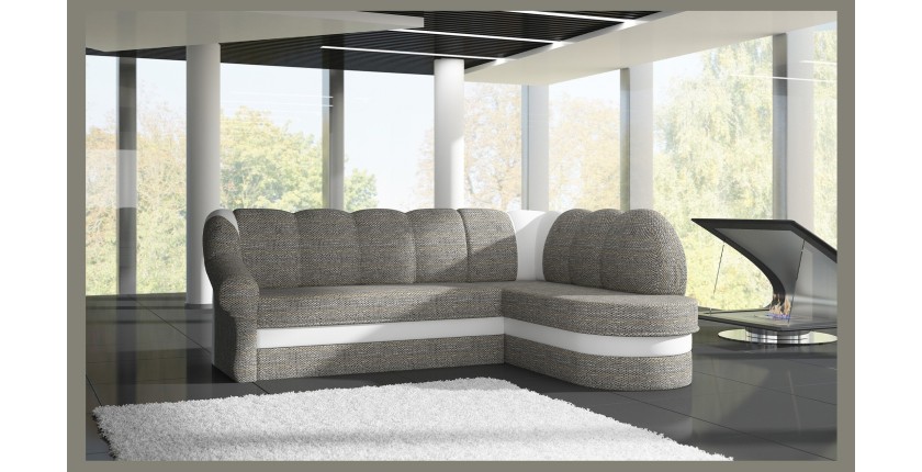 Canapé d’angle droit convertible BENANA 250 cm gris et blanc avec coffre de rangement 