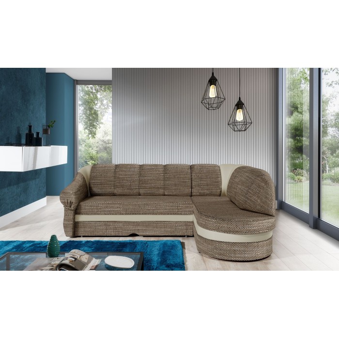 Canapé d’angle droit convertible BENANA 250 cm beige et marron avec coffre de rangement 