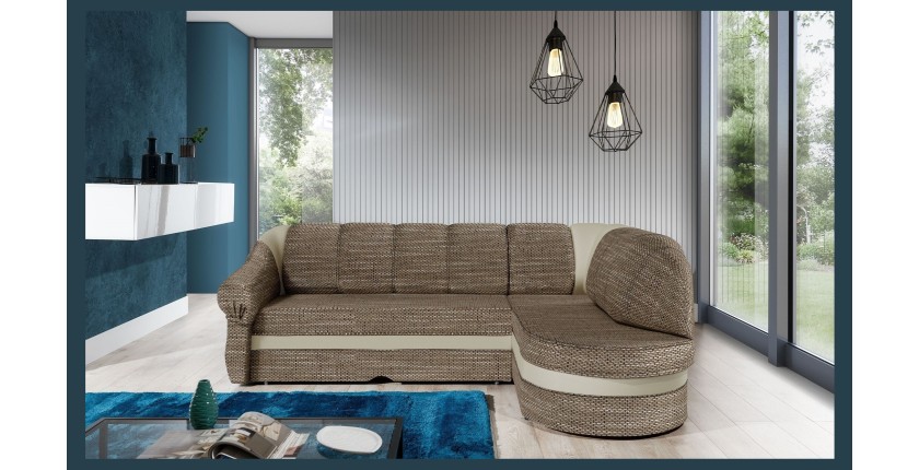 Canapé d’angle droit convertible BENANA 250 cm beige et marron avec coffre de rangement 