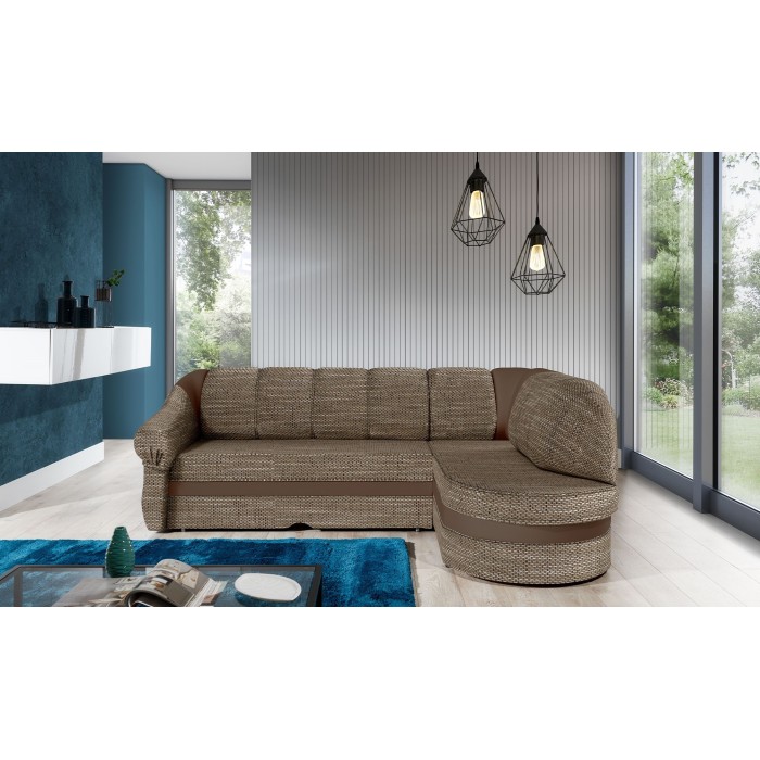 Canapé d’angle droit convertible BENANA 250 cm beige et marron avec coffre de rangement 