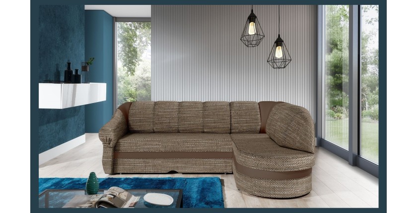 Canapé d’angle droit convertible BENANA 250 cm beige et marron avec coffre de rangement 