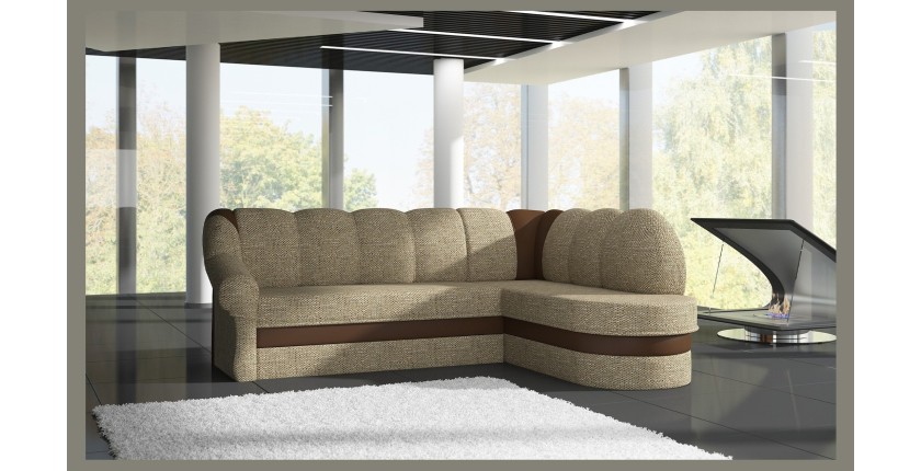 Canapé d’angle droit convertible BENANA 250 cm beige et marron avec coffre de rangement 