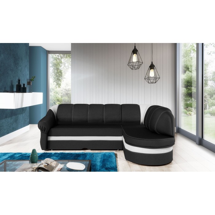 Canapé d’angle droit convertible BENANA 250 cm noir et blanc avec coffre de rangement 